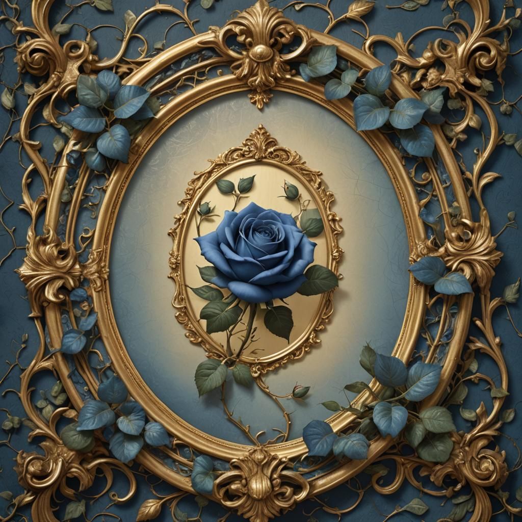 Blue Rose Vines Entwined Around Gold Frame
