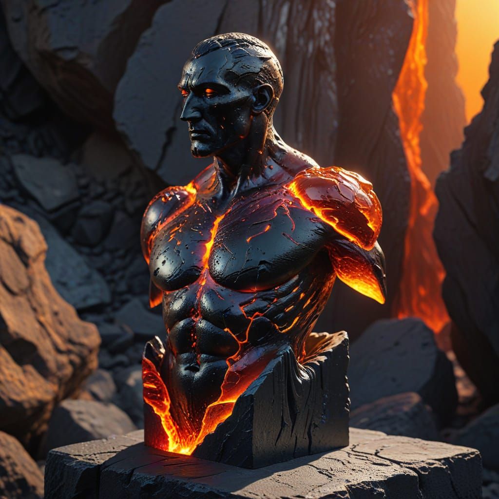 Obsidian Vulcanus Statue with Flowing Lava, in Surrealist St...