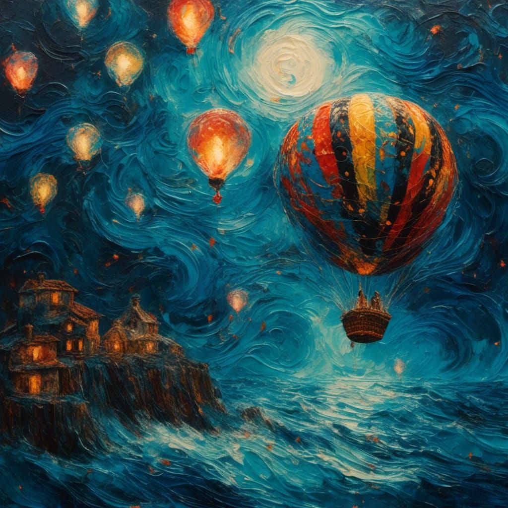 Hot Air Balloon Over Ocean in Luminous Oil Painting