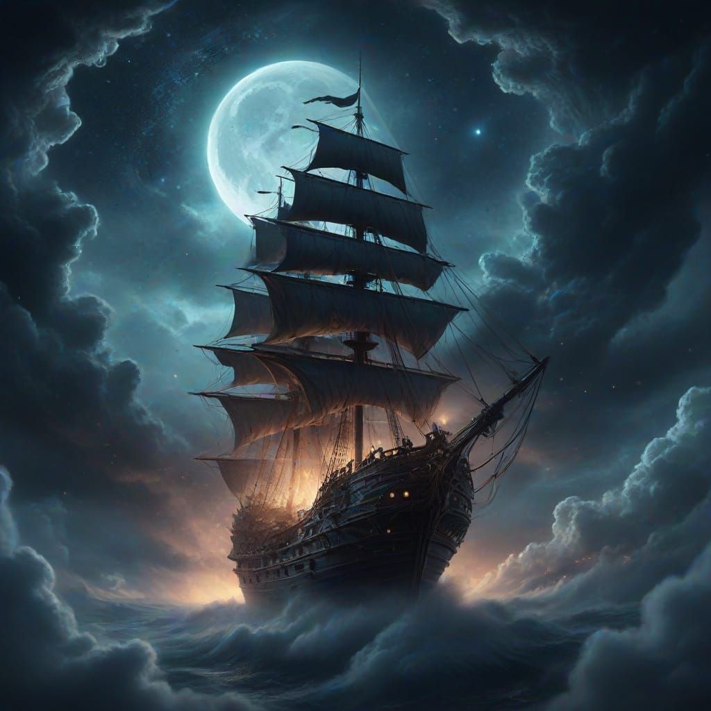 A spectral galleon, its sails tattered and glowing with ethe...