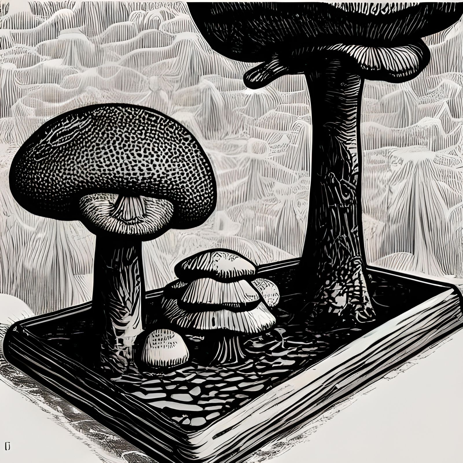 Giant Mushrooms in Glass Case: Black and White Linocut
