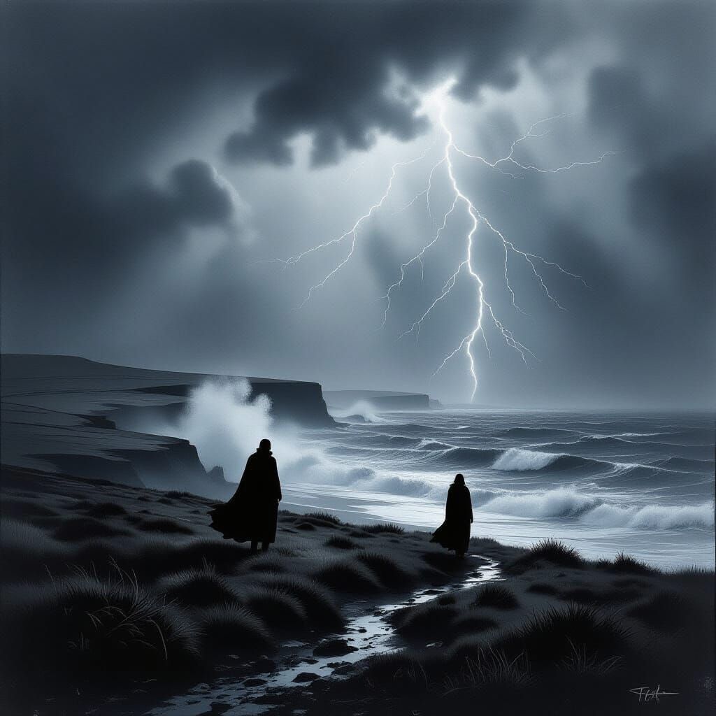 Windswept Moor: A Dramatic Black and White Seascape