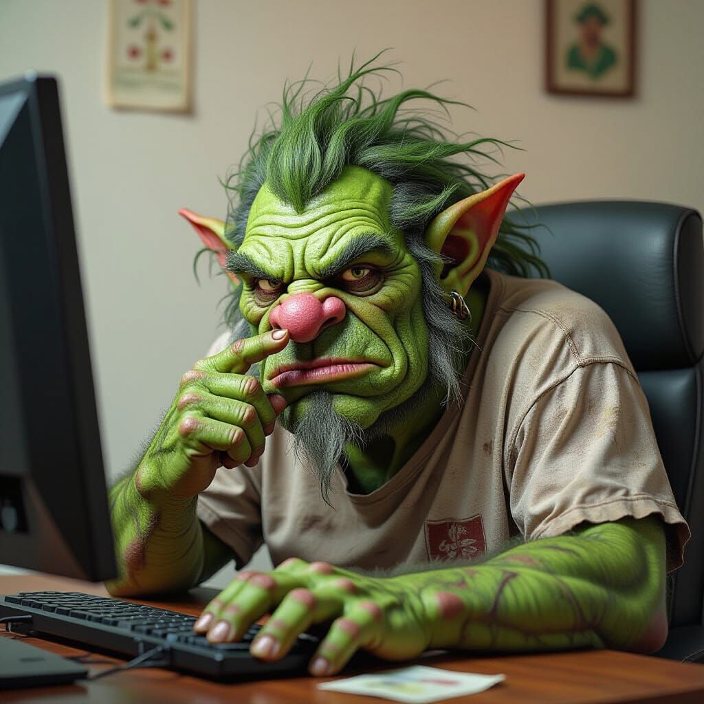 Grotesque Troll at Computer in Dark Surrealist Style