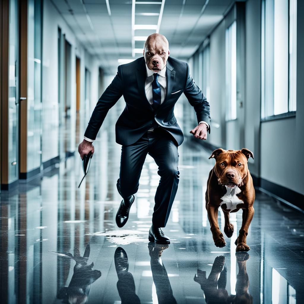Anthropomorphic Pitbull Struggles in Surreal Office