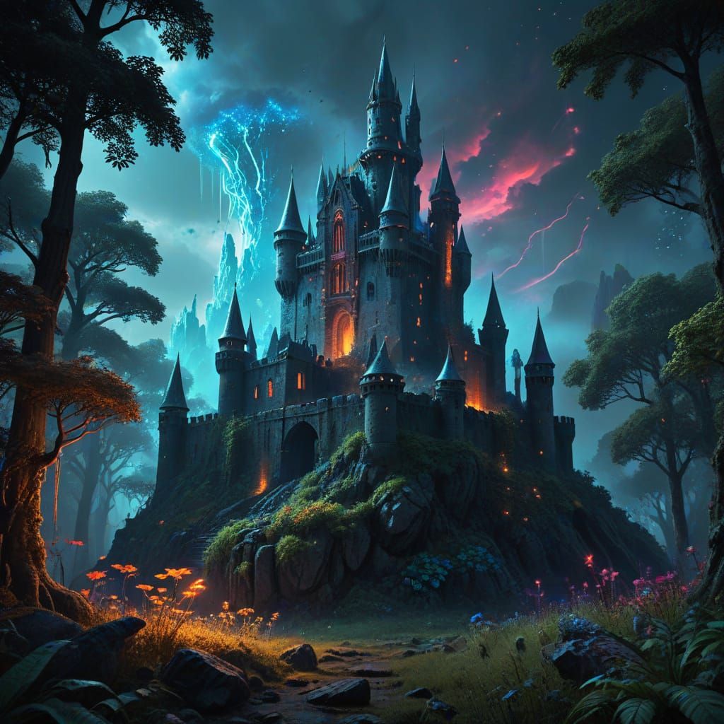 Ancient Castle in Bioluminescent Forest with Cosmic Energy