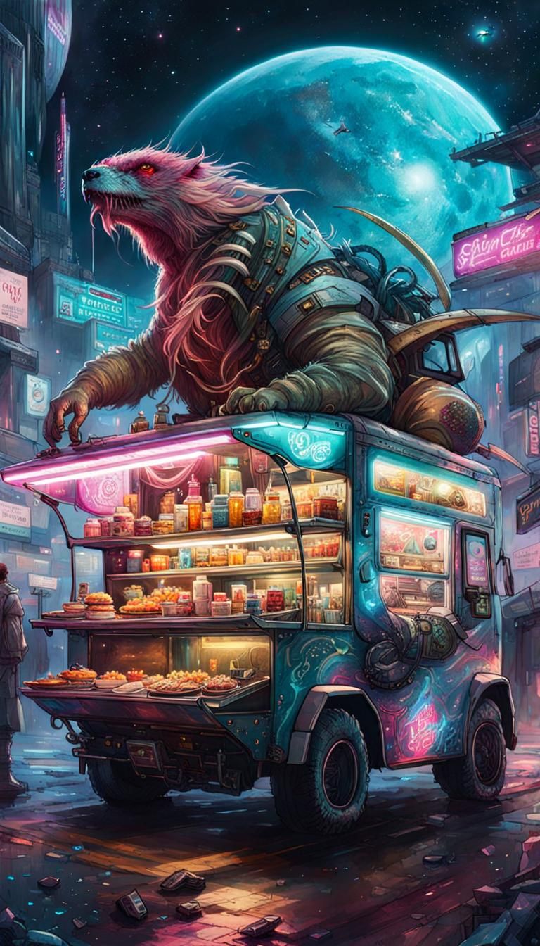Cyberpunk Monster Food Truck in Space
