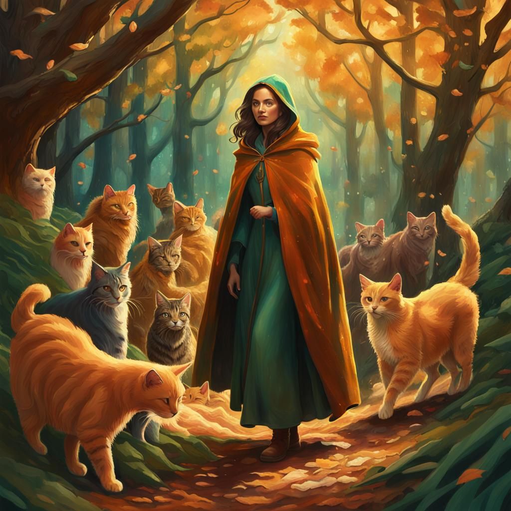 Woman Herding Cats in Whimsical Forest: Hyperrealistic Art