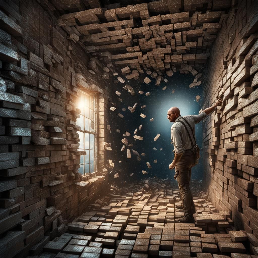 Humorous Image of Bricklayer Trapped Between Walls