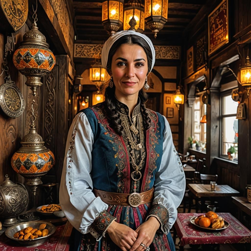 Elegant Turkish Inn Owner in Autumn Night