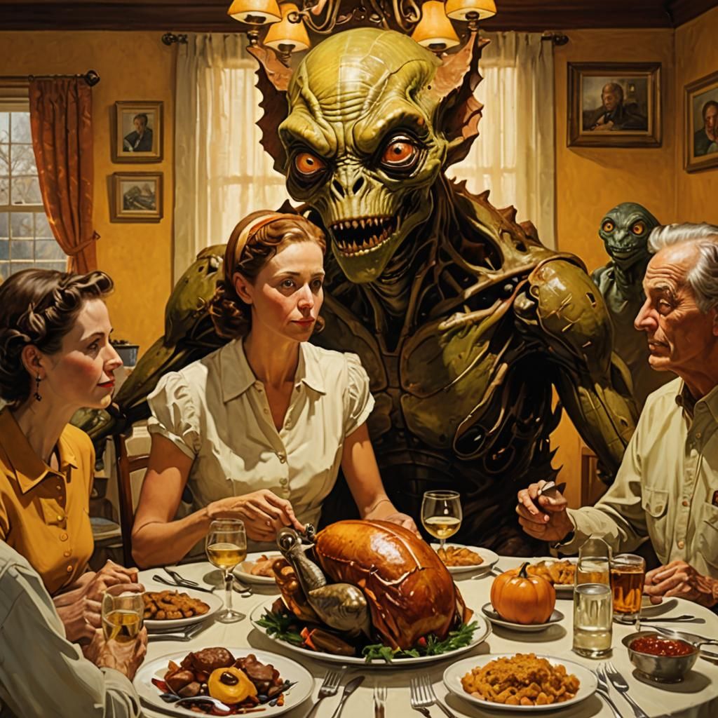 Thanksgiving Dinner with Alien, Rockwell Style Americana