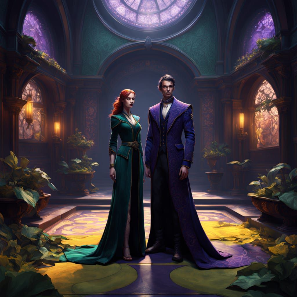 Dark Fantasy Couple in Emerald and Sapphire Velvet Formal We...
