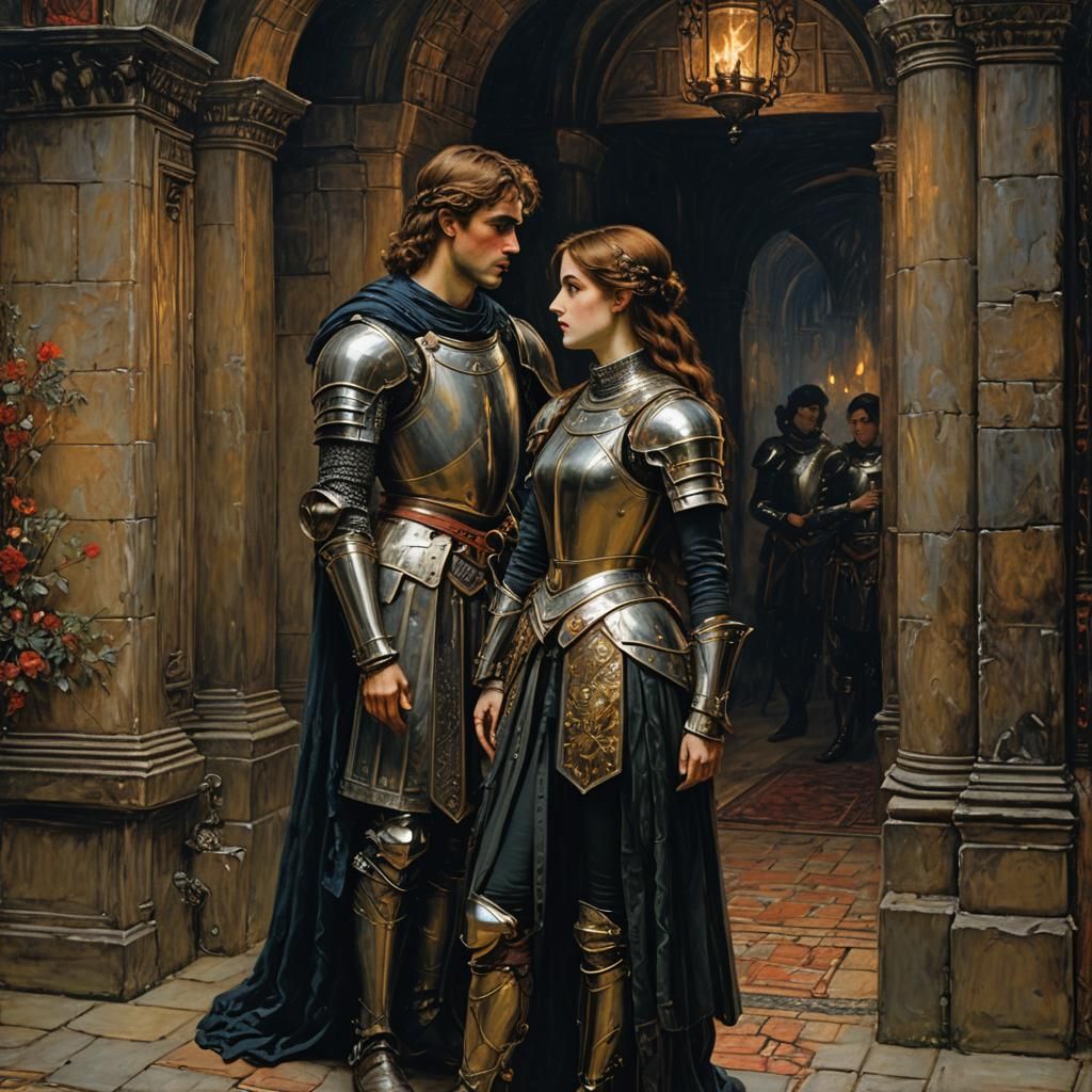 Romantic Knight and Maiden, Oil Painting