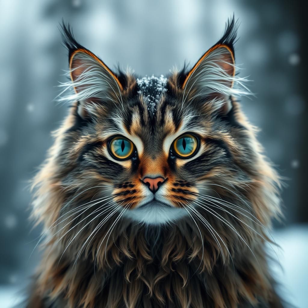 Fluffy Norwegian Forest Cat in Blizzard