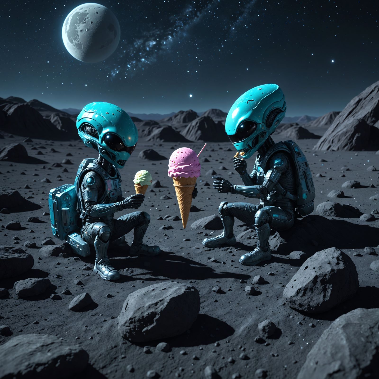 Neon Aliens Share Ice Cream in Space