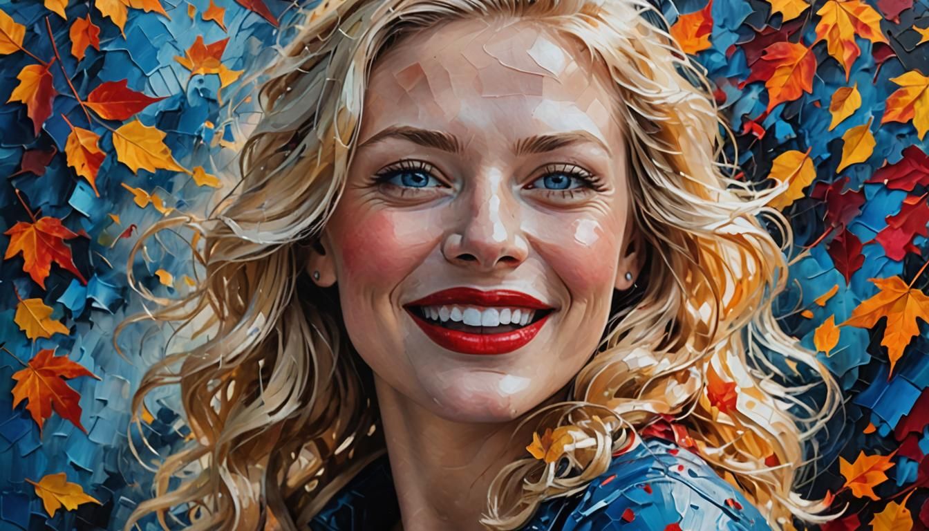 Joyful Blonde Lady in Autumn, Impasto Painting