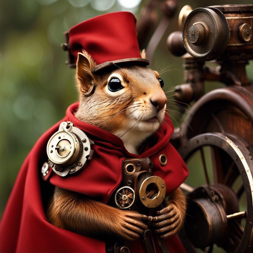 Steampunk Squirrel Hero in Red Cape