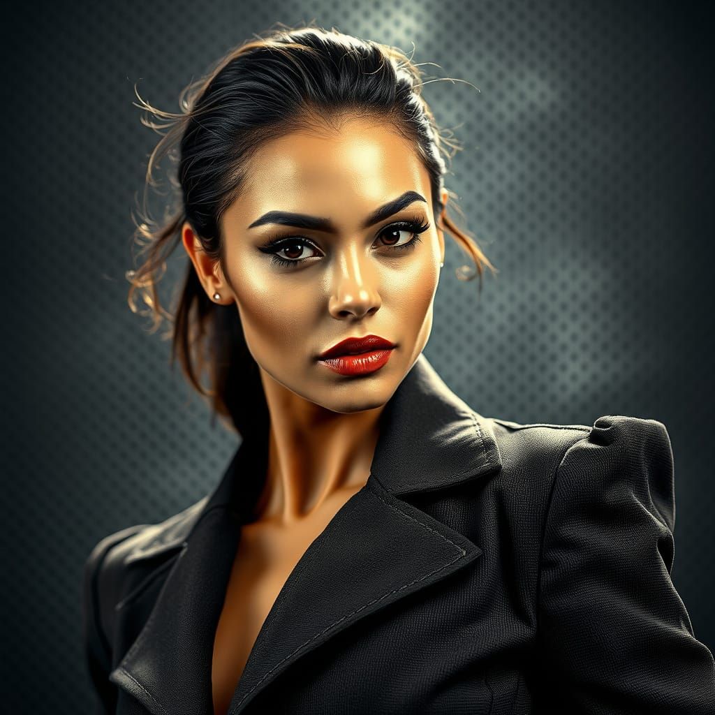 Confident Woman in Industrial Chic Fashion Under Dramatic Li...