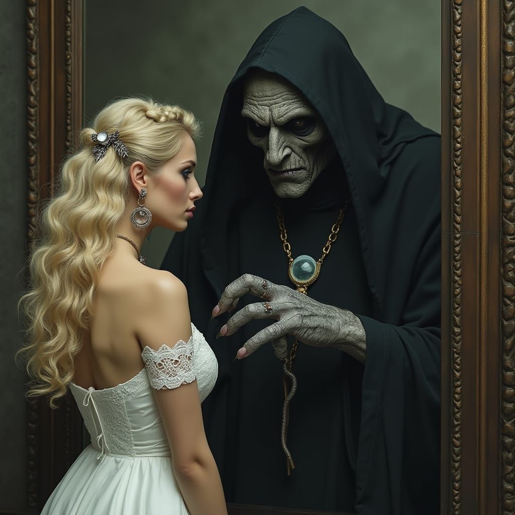 Enigmatic Woman Surrounded by Dark Mystique in a Haunting Cy...