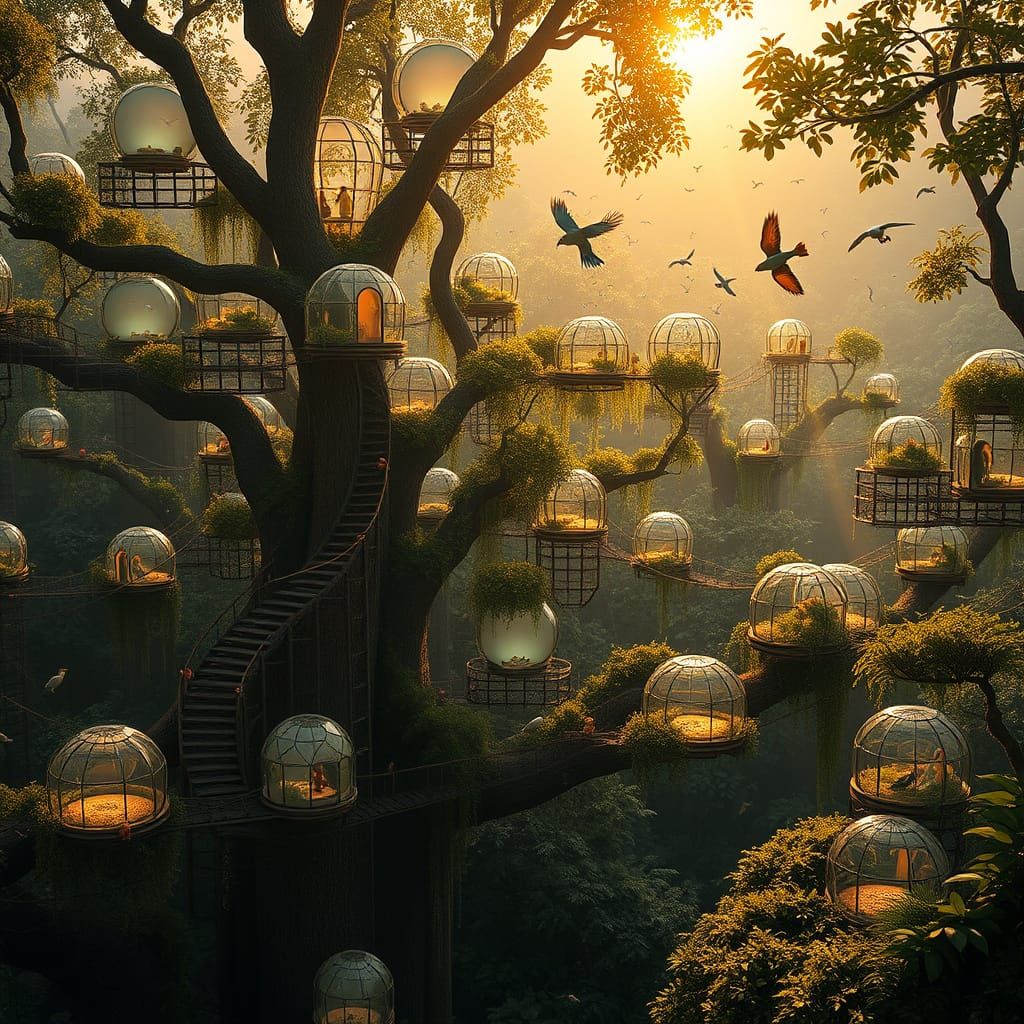 Solarpunk Birdhouse Settlement in Rainforest Canopy