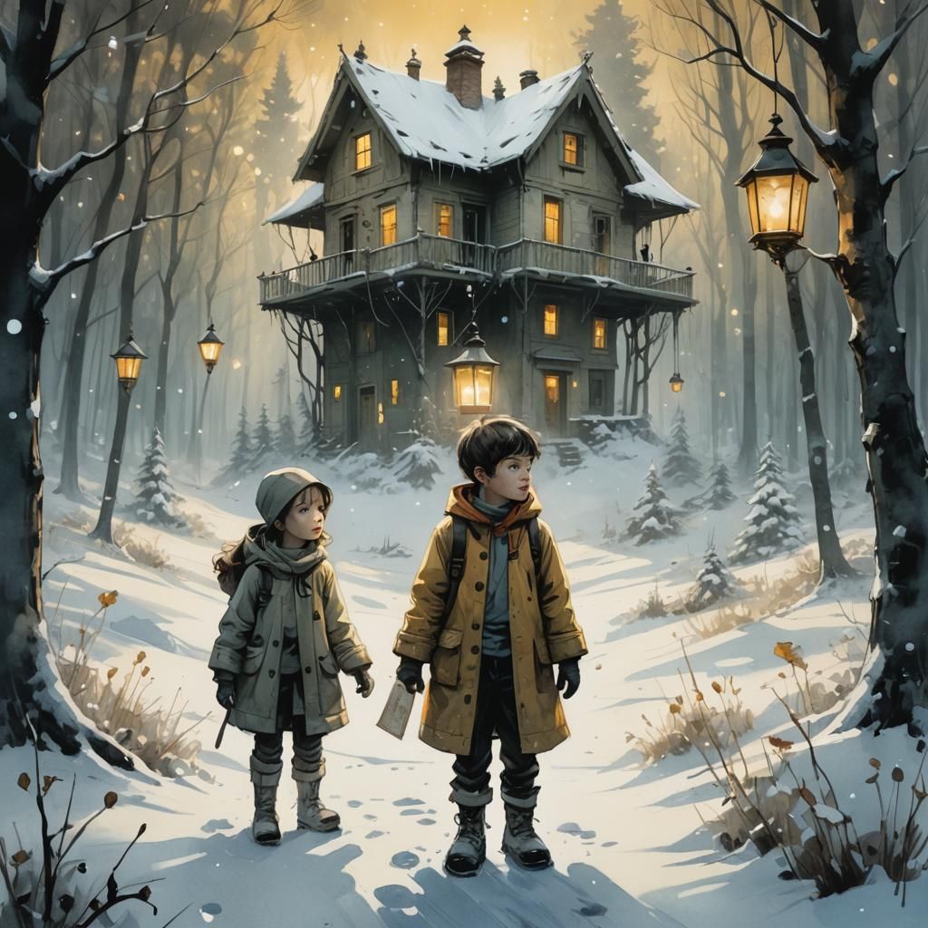 Children in Snowy Forest with Lantern, Surreal Art
