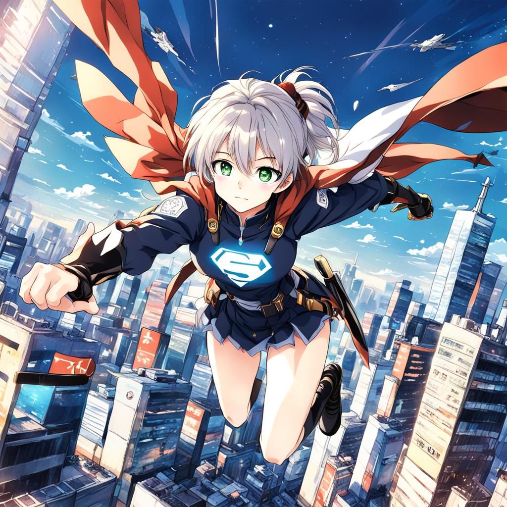 Anime Girl Superhero Flying Over Tokyo