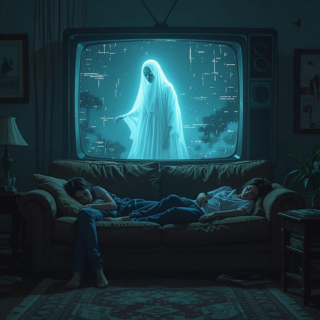 Ghostly Woman Emerges from TV in Matte Painting Style