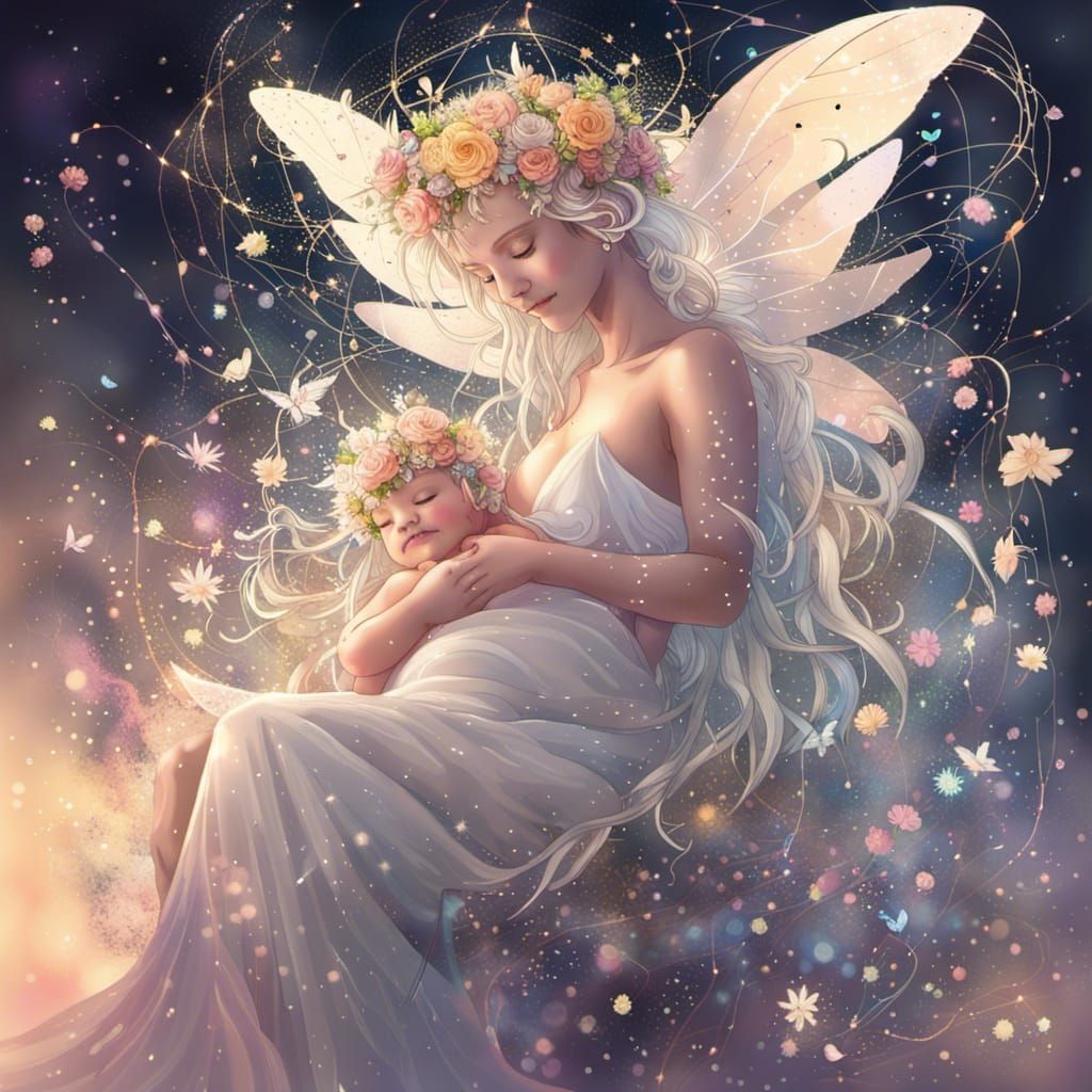 Winged Fairy Goddess with Baby: Cosmic Illustration
