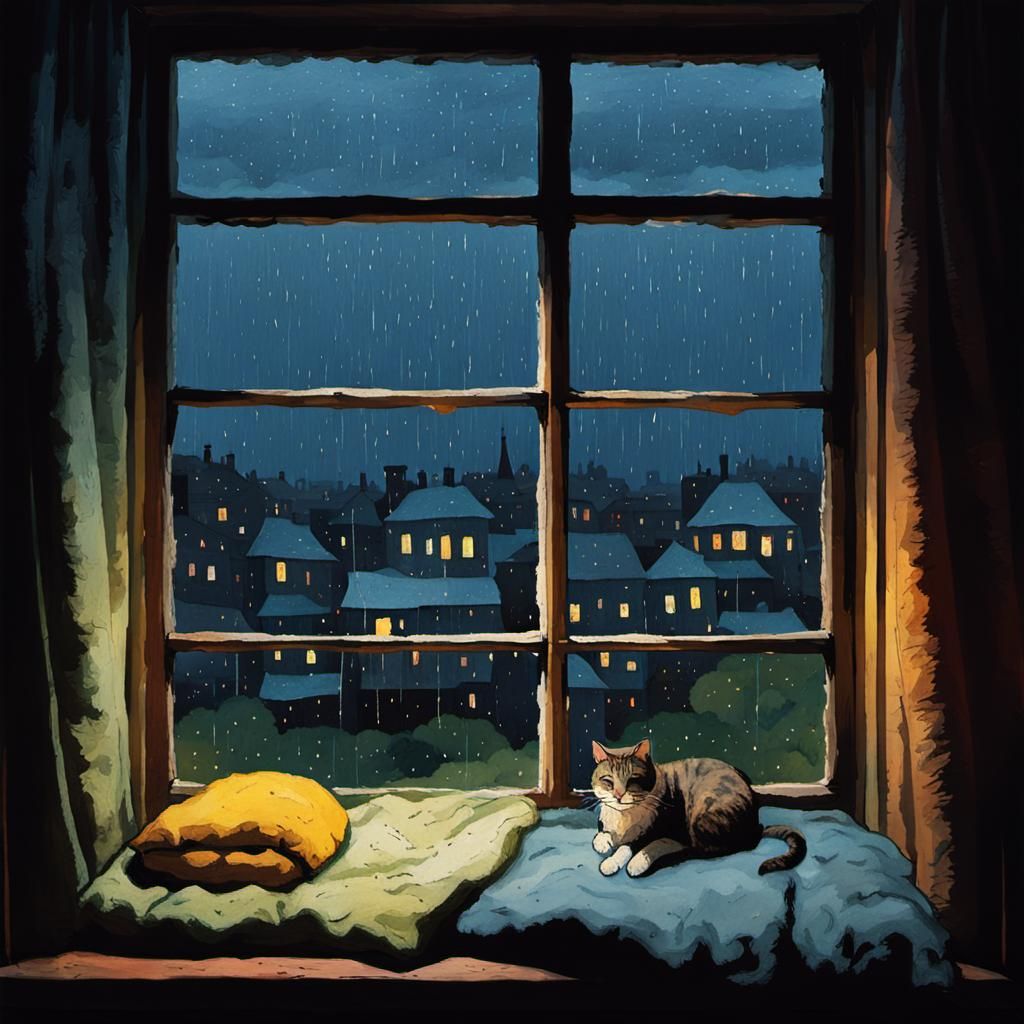 Cozy Rainy Night Scene in Pastel Colors