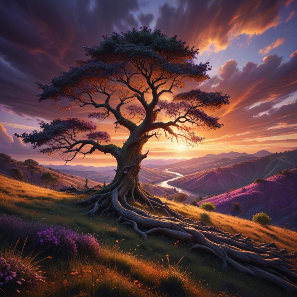 Serene Harmony Pointillism Landscape with Dazzling Fractals