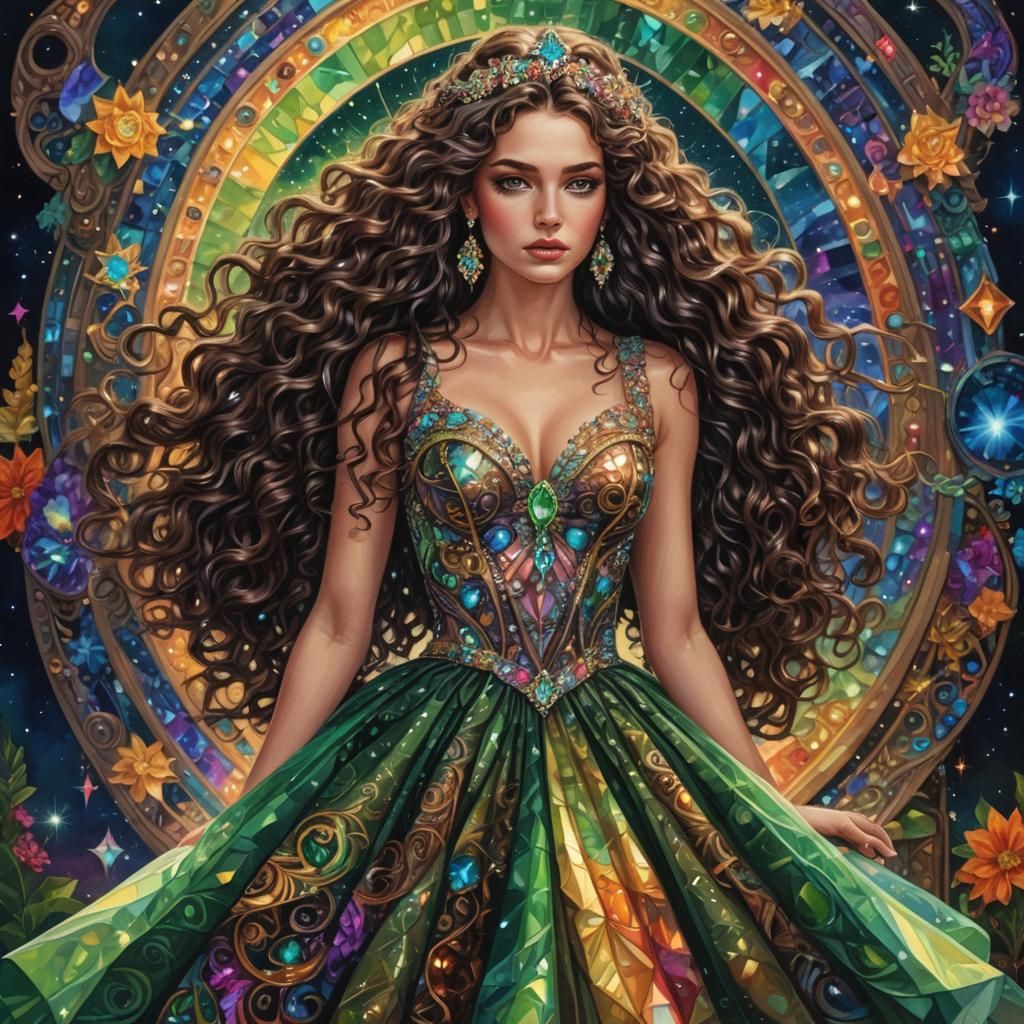 Opulent Prom Dress: Holographic Astral Cosmic Illustration