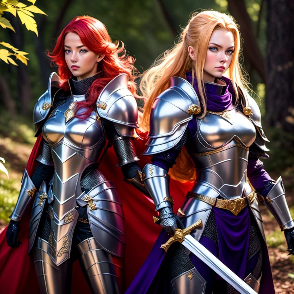 Armored Female Knights with Wolf Companion