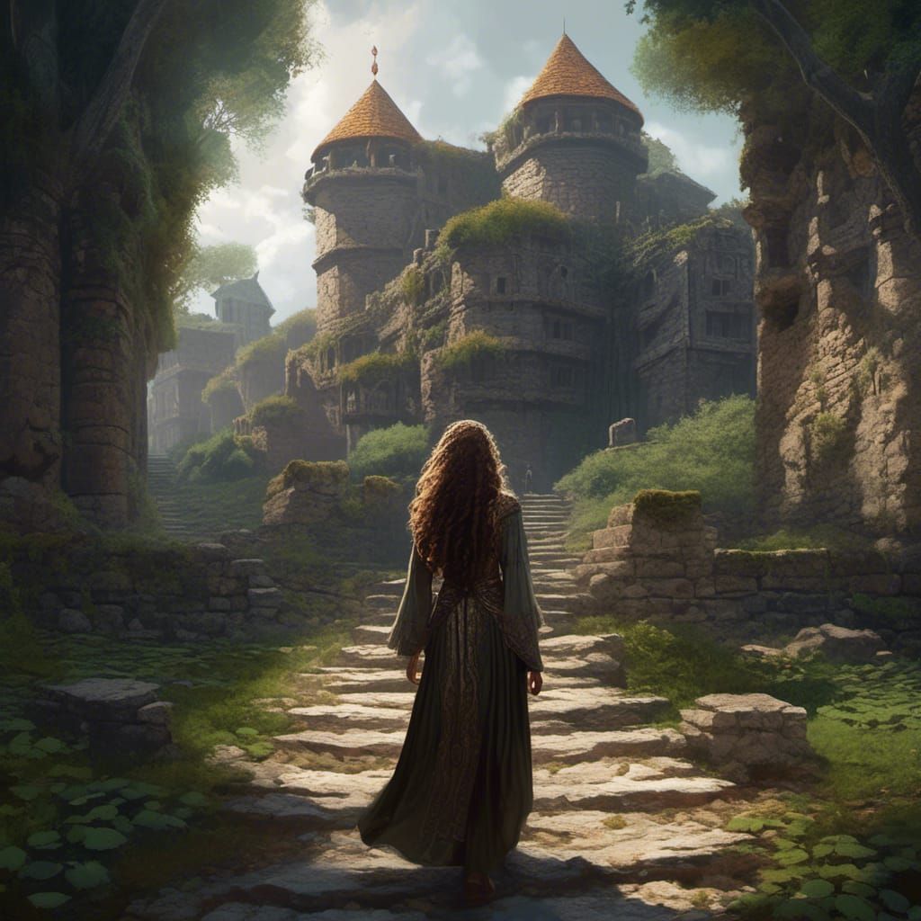 Druid Woman Walks to Medieval Castle