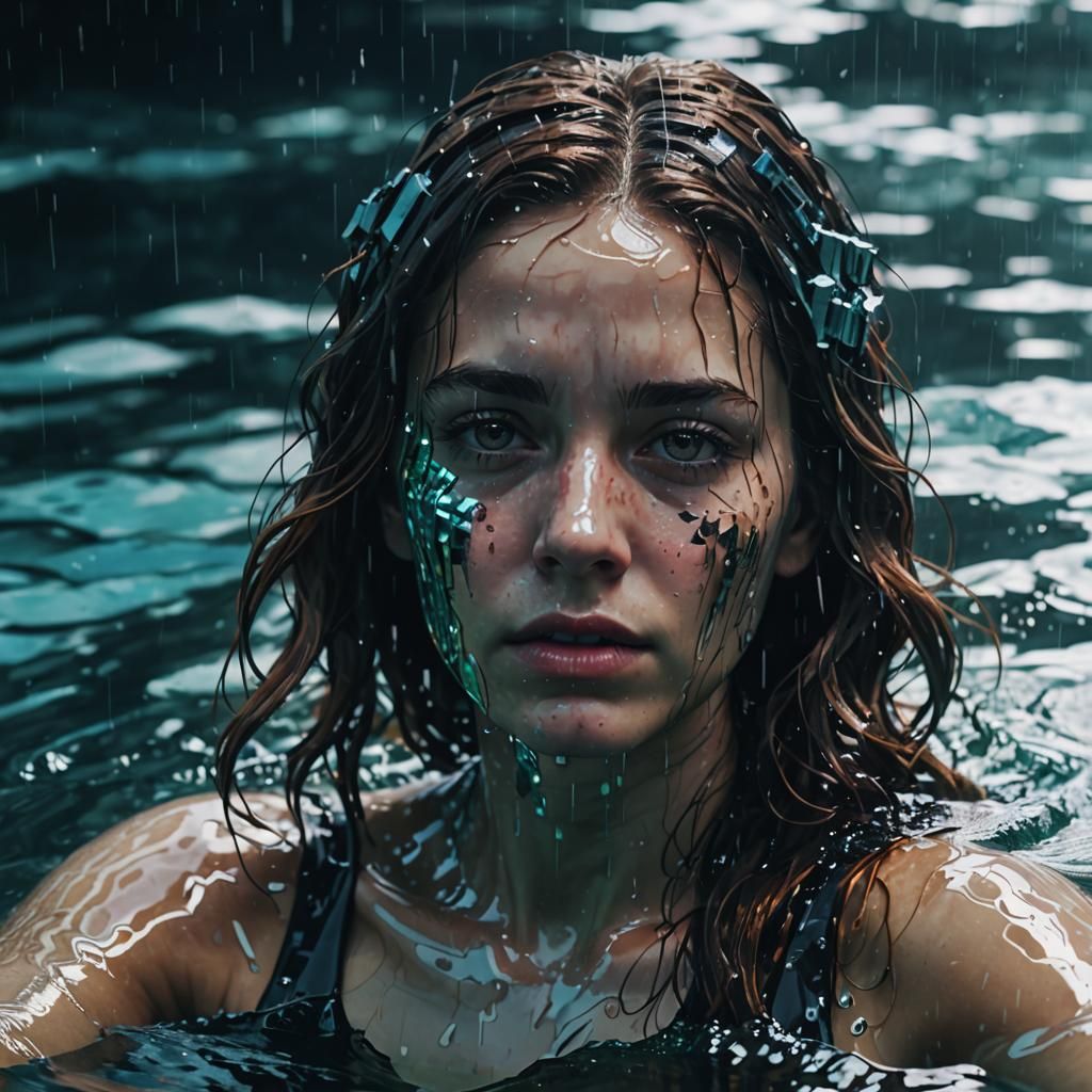 Drowning Woman in Glitchcore Dystopia