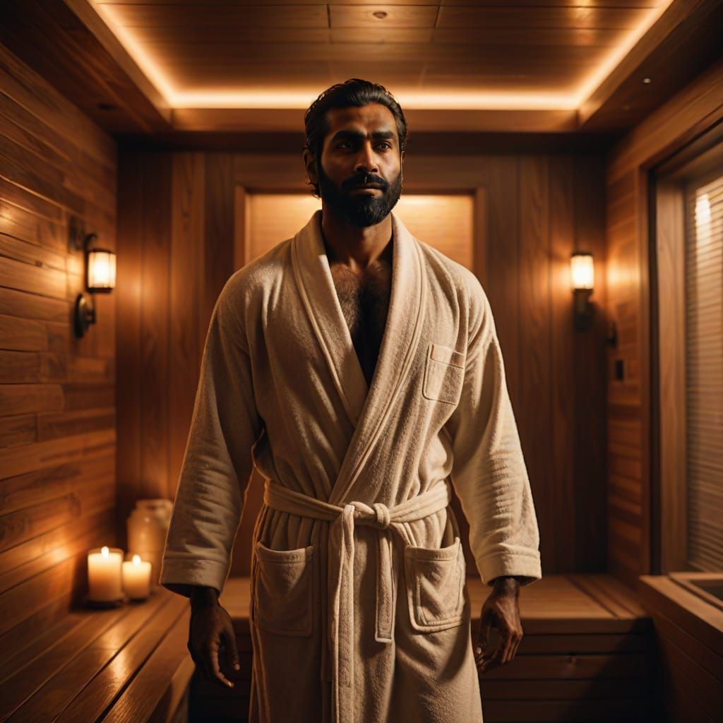 Indian Man Posing in Luxurious Spa Sauna