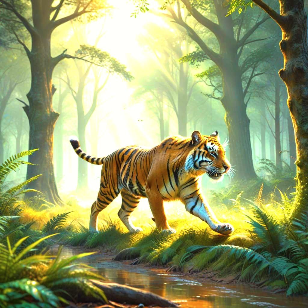 Tiger and Deer in Lush Jungle Setting