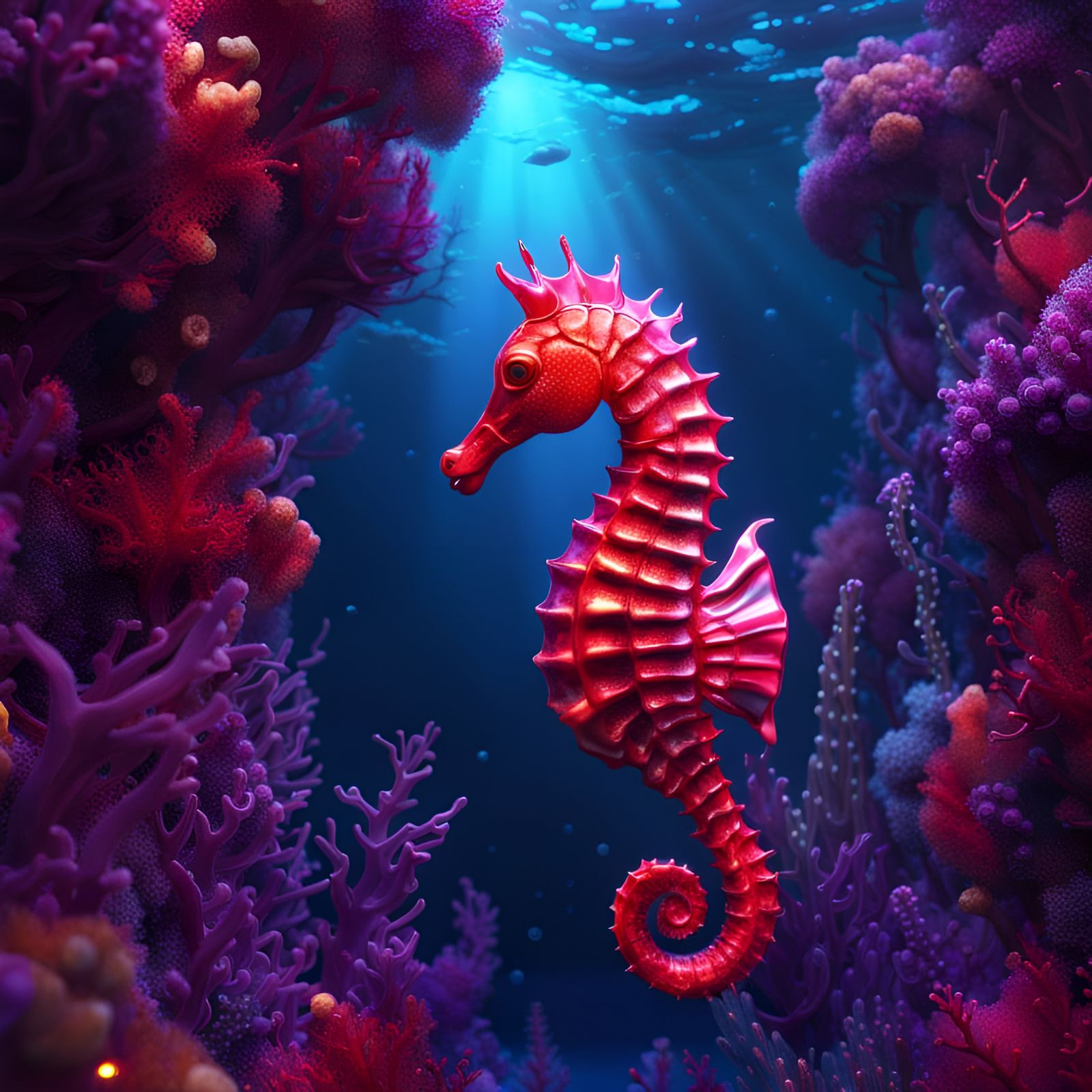 Big  glowing sea horse  purple vibrant ,glossy ruby red glossy ,glowing coral with sea horse,real world textures,ultra r...