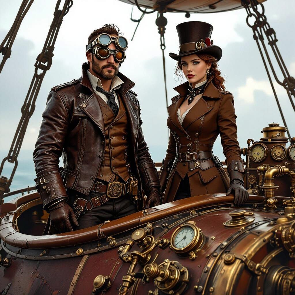 Steampunk Airship Crew at the Helm in Syd Mead Style