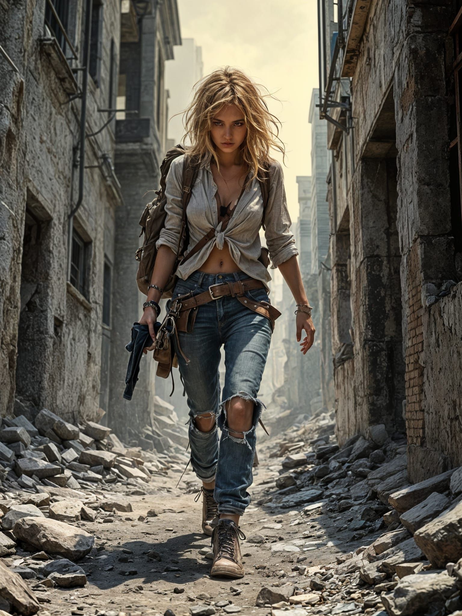 Wasteland Dweller in Ruined City: Detailed Illustration