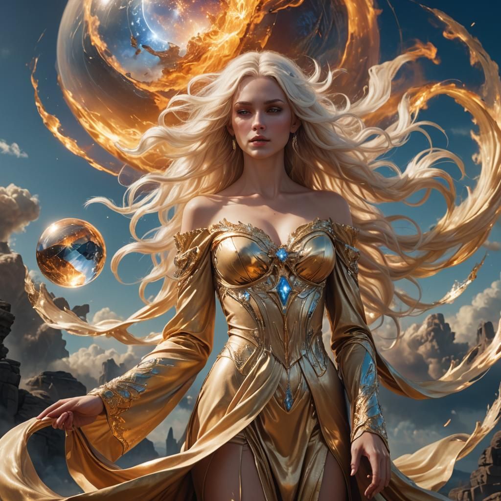 Goddess with Crystal Orb in Mystical Sky
