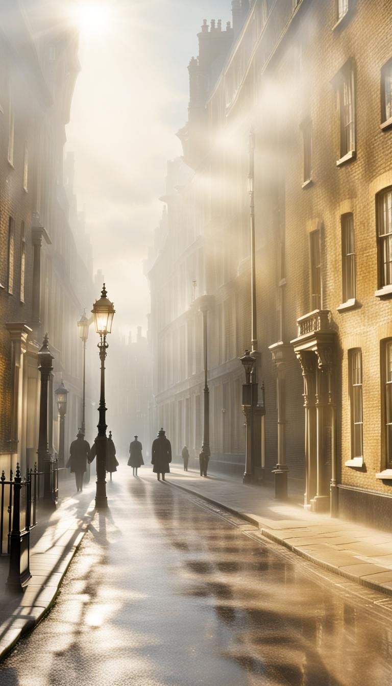 Misty 1880s London Street with Divine Light