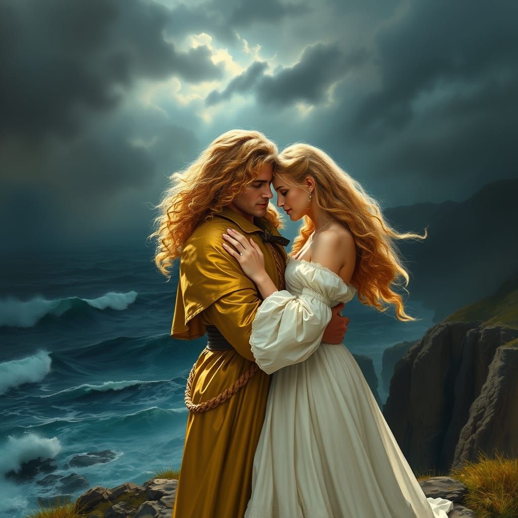 Couple Embracing on Windswept Cliff Overlooking Stormy Sea