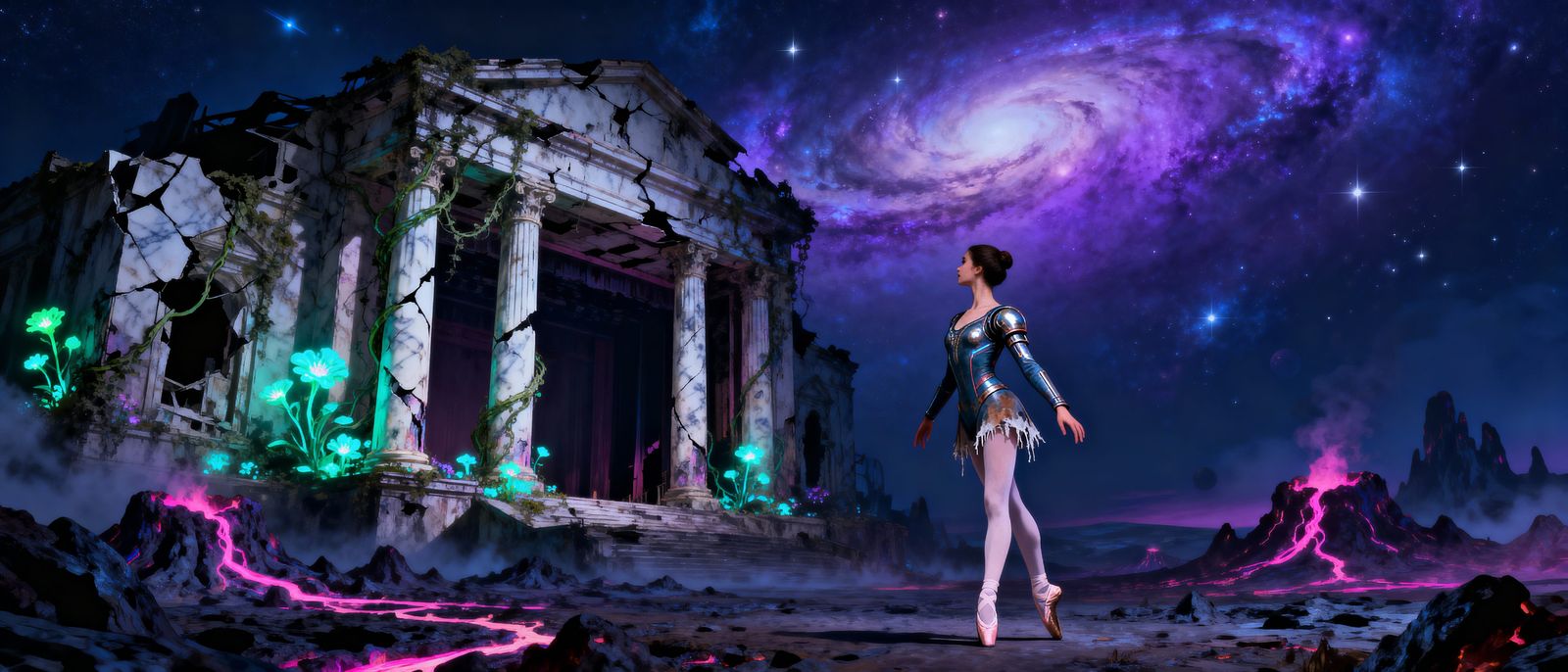 Ballerina on Alien Planet Gazes at Crumbling Opera House