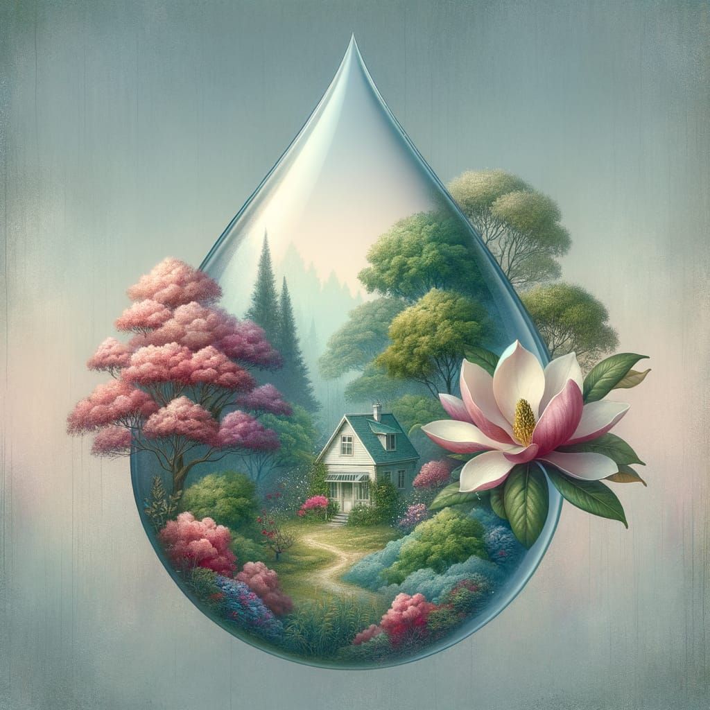 Ethereal Water Droplet Reflecting Serene Landscape