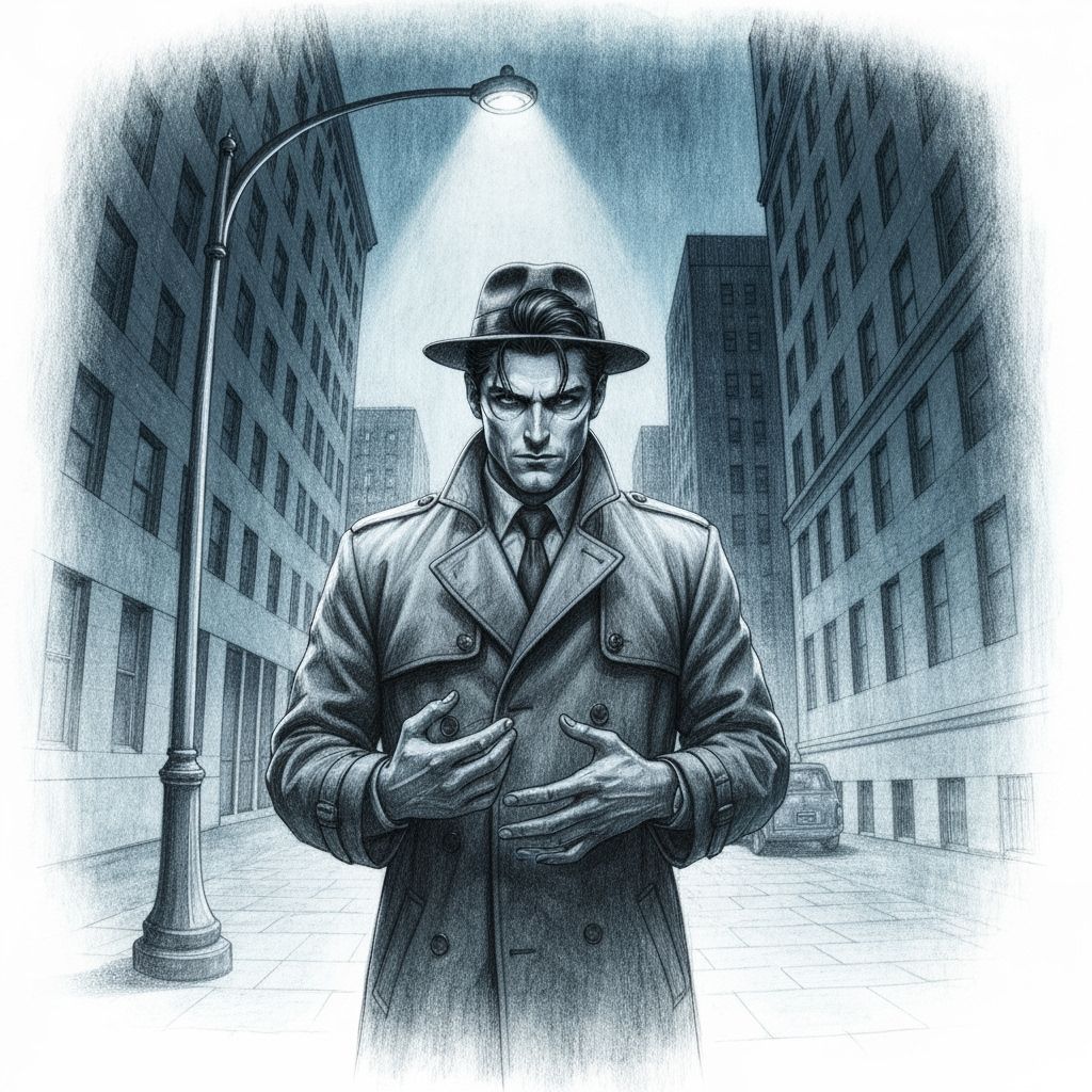 Film Noir Man in Cityscape, Pencil Sketch Style