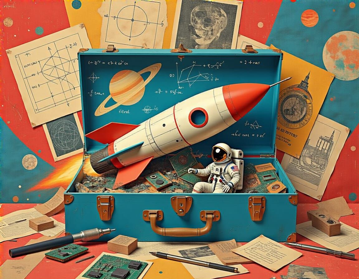 Chaotic Collage of Rocket Ships in Surrealist Style