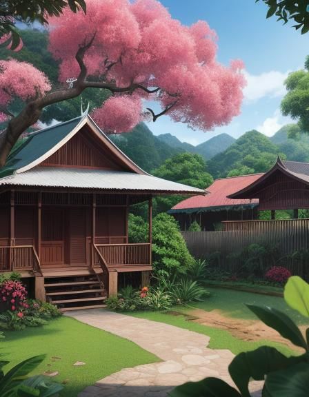 a peaceful Malaysian village.gPlace a traditional Malay wood...