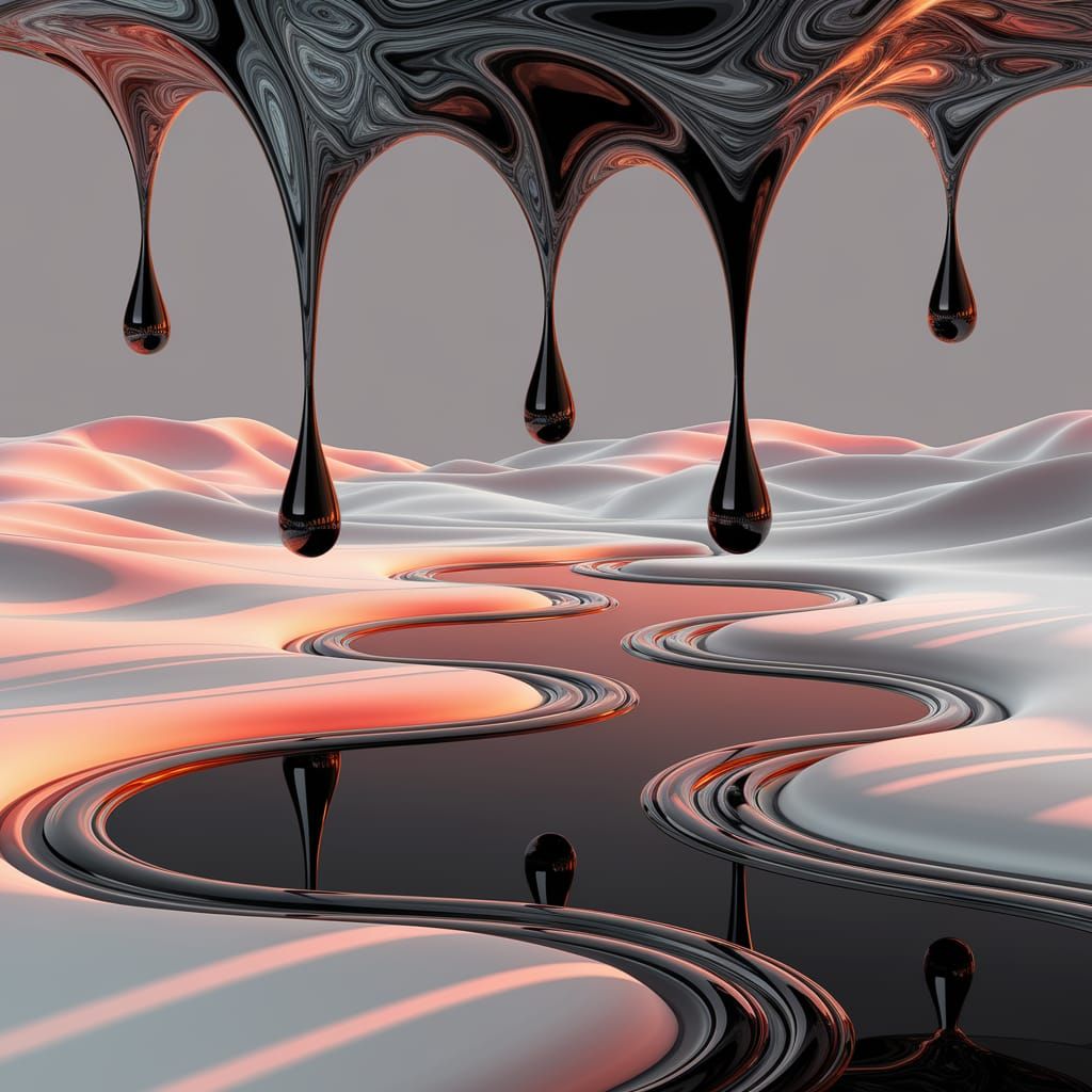 Abstract Fractal Landscape: Black Rain on White Snow