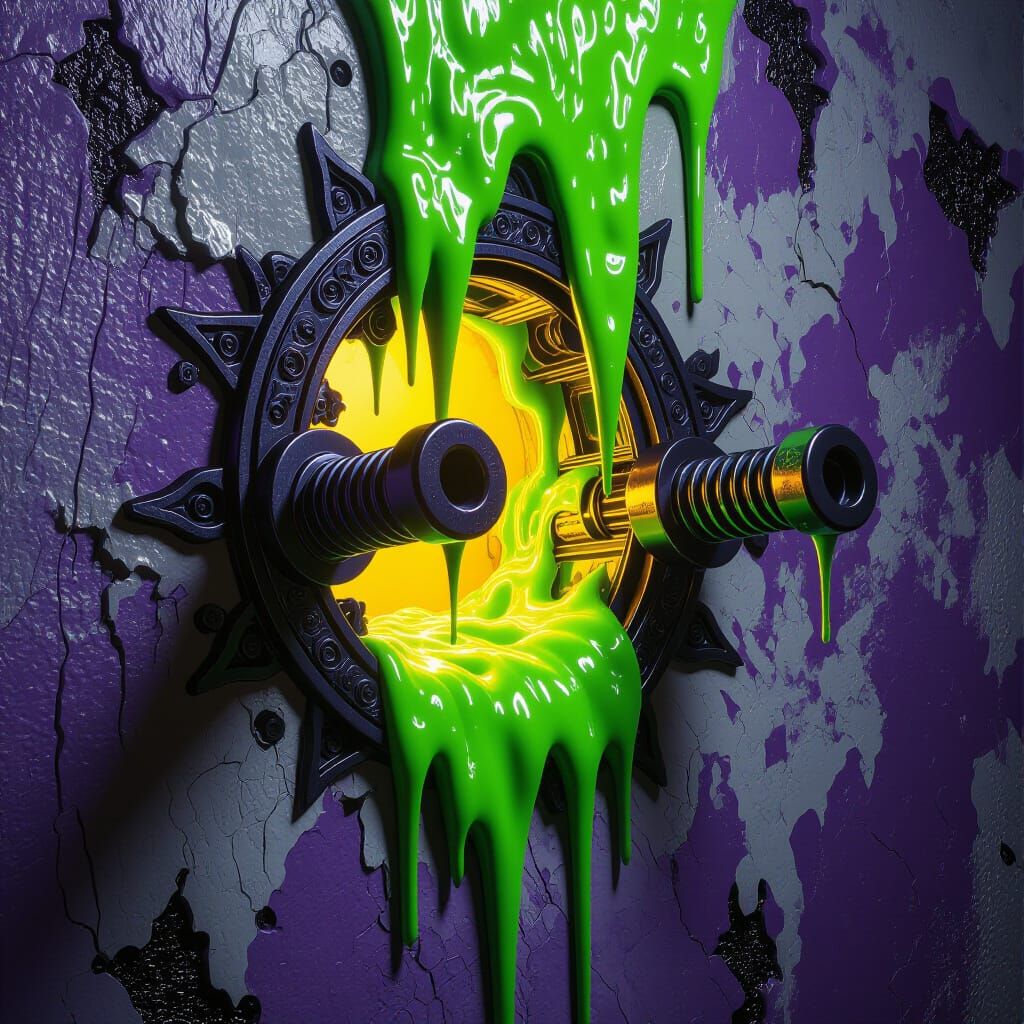 Giant Screws Drip Green Goo From Plaster Wall