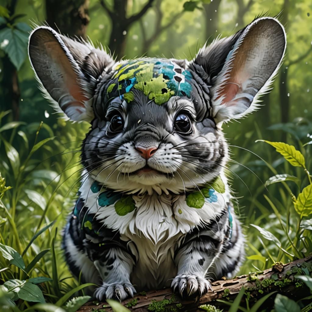 Adorable Chinchilla in Vibrant Forest, Digital Oil Painting