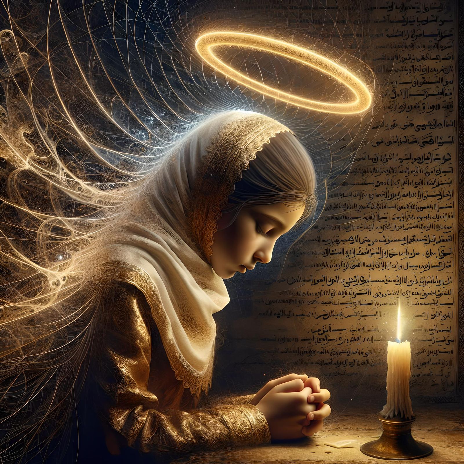 Young Girl in Prayer: Detailed Digital Matte Painting